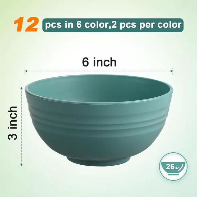 Alt view image 2 of 7 - 12 Pcs Unbreakable Cereal Bowls Set, 26 Oz Wheat Straw Bowls Set, Microwave & Dishwasher Safe Rice Bowls for Kitchen, Reusable Plastic Bowls for Soup, Salad and Snack, BPA Free, Multicolor