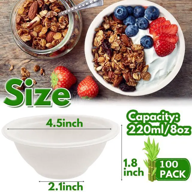 Alt view image 2 of 7 - 100 Pack 8 oz Disposable Paper Bowls,Compostable Bagasse Bowls,Small Biodegradable Heavy-Duty Bowls for Hot and Cold Food