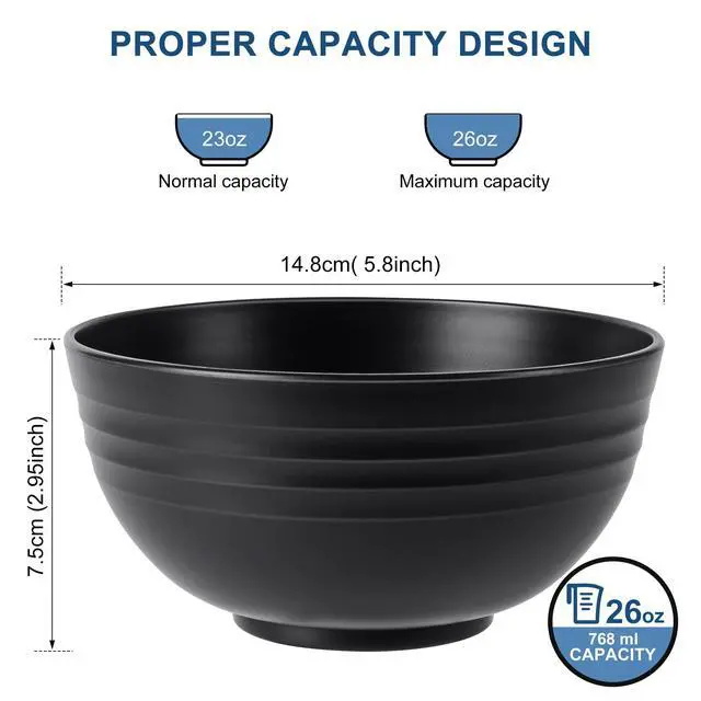 Alt view image 2 of 7 - BPA Free Unbreakable Wheat Straw Cereal Bowls - Microwave & Dishwasher Safe Soup and Salad Bowls, Set of 8, 26oz, Black