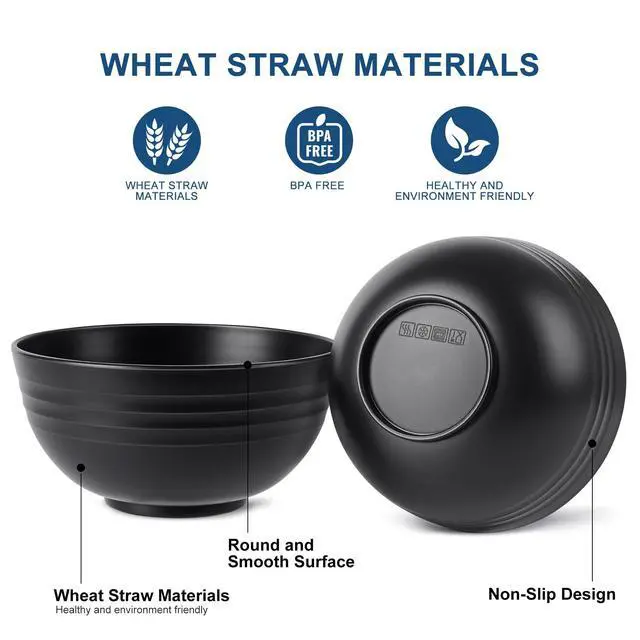 Alt view image 3 of 7 - BPA Free Unbreakable Wheat Straw Cereal Bowls - Microwave & Dishwasher Safe Soup and Salad Bowls, Set of 8, 26oz, Black