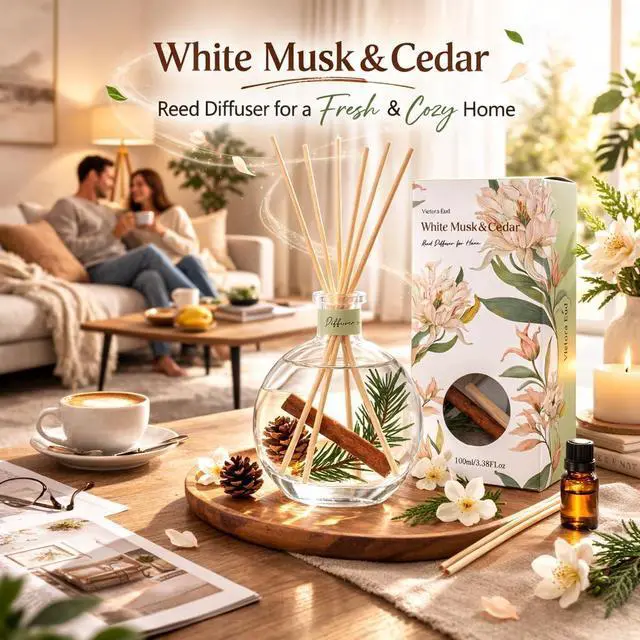 Alt view image 2 of 7 - Cedar Wood & White Musk Essential Oil Reed Diffuser for Home&Office, Luxury Hotel Collection Diffuser Oil Inspired , Bathroom,Bedroom&Living Room Shelf Decor,Non-Toxic & Gift Ready