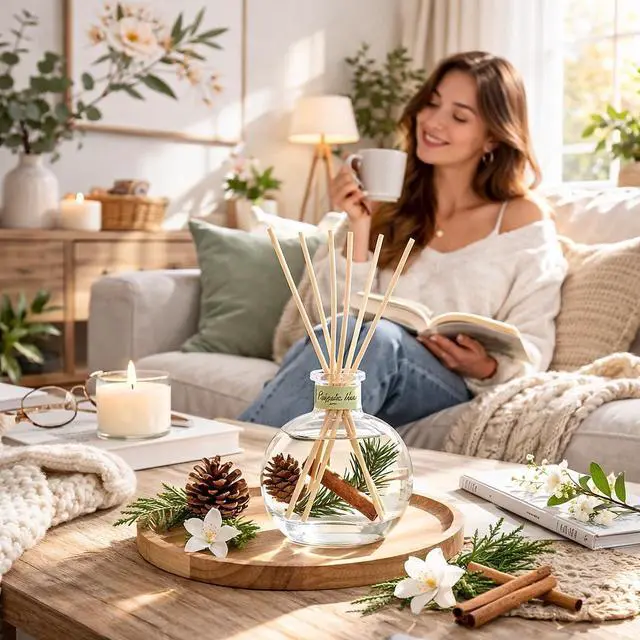 Alt view image 5 of 7 - Cedar Wood & White Musk Essential Oil Reed Diffuser for Home&Office, Luxury Hotel Collection Diffuser Oil Inspired , Bathroom,Bedroom&Living Room Shelf Decor,Non-Toxic & Gift Ready