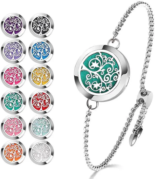 Main image of Essential Oil Diffuser Bracelet Stainless Steel Aromatherapy Locket Adjustable Diffuser Bracelet with 24pcs Refill Pads in 12 Assorted Colors Gift Set for Women(Tree of Hope)