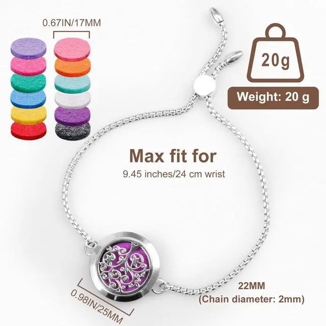 Alt view image 5 of 7 - Essential Oil Diffuser Bracelet Stainless Steel Aromatherapy Locket Adjustable Diffuser Bracelet with 24pcs Refill Pads in 12 Assorted Colors Gift Set for Women(Tree of Hope)