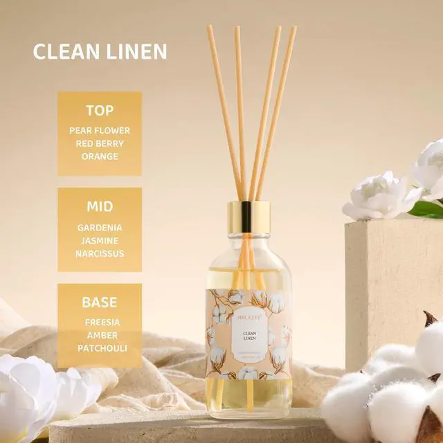 Alt view image 2 of 7 - Reed Diffuser Oil Set with Reed Sticks, Clean Linen Aromatherapy Oil Scent Diffuser for Home Office Bathroom Decoration Perfume and Gifts 3.38 oz/100ml