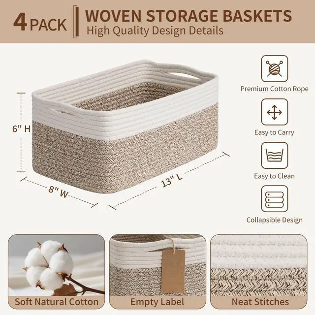 Alt view image 3 of 7 - 4 Pack Storage Baskets for Organizing Shelves, Light Brown & White