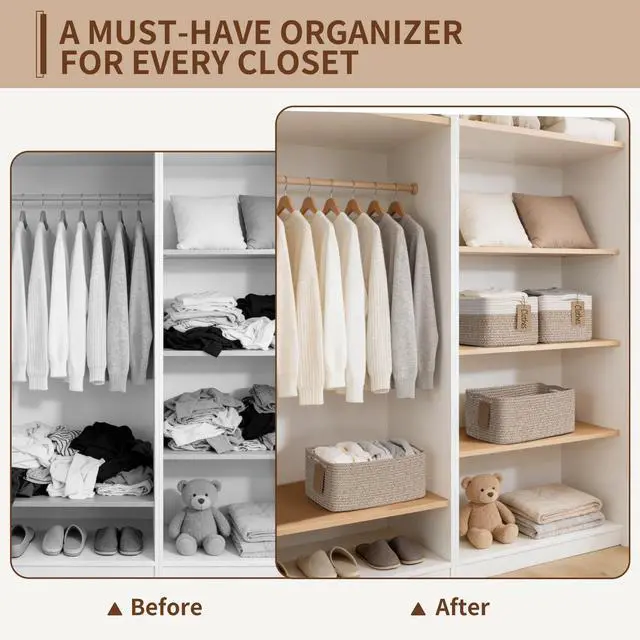 Alt view image 4 of 7 - 4 Pack Storage Baskets for Organizing Shelves, Light Brown & White