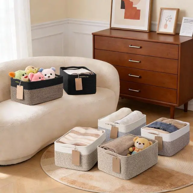 Alt view image 6 of 7 - 4 Pack Storage Baskets for Organizing Shelves, Light Brown & White