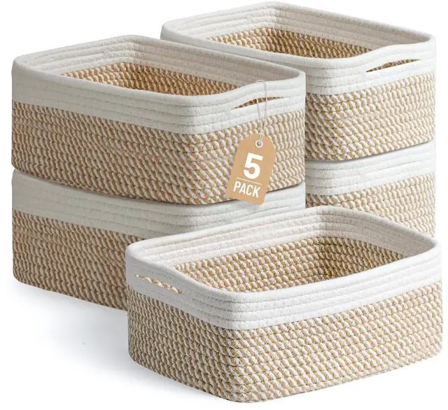 Main image of 5 Pack Small Woven Storage Baskets for Shelves, Cotton Rope Baskets Organizer for Bathroom, Closet & Nursery, Decorative Storage Bins for Organizing Socks, Toys, 11.8"x7.9"x4.7", Khaki/White