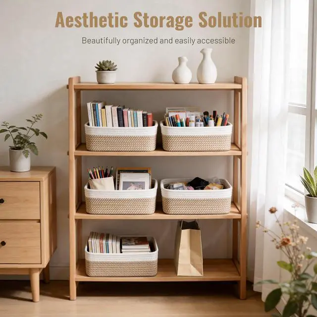 Alt view image 2 of 7 - 5 Pack Small Woven Storage Baskets for Shelves, Cotton Rope Baskets Organizer for Bathroom, Closet & Nursery, Decorative Storage Bins for Organizing Socks, Toys, 11.8"x7.9"x4.7", Khaki/White