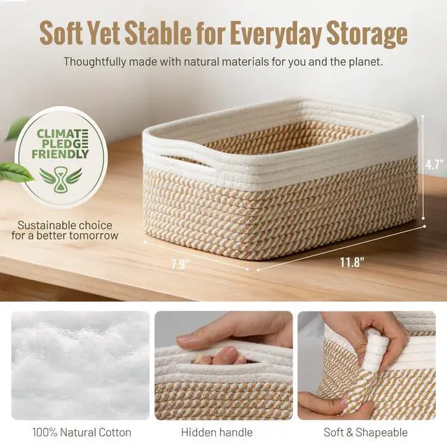 Alt view image 3 of 7 - 5 Pack Small Woven Storage Baskets for Shelves, Cotton Rope Baskets Organizer for Bathroom, Closet & Nursery, Decorative Storage Bins for Organizing Socks, Toys, 11.8"x7.9"x4.7", Khaki/White