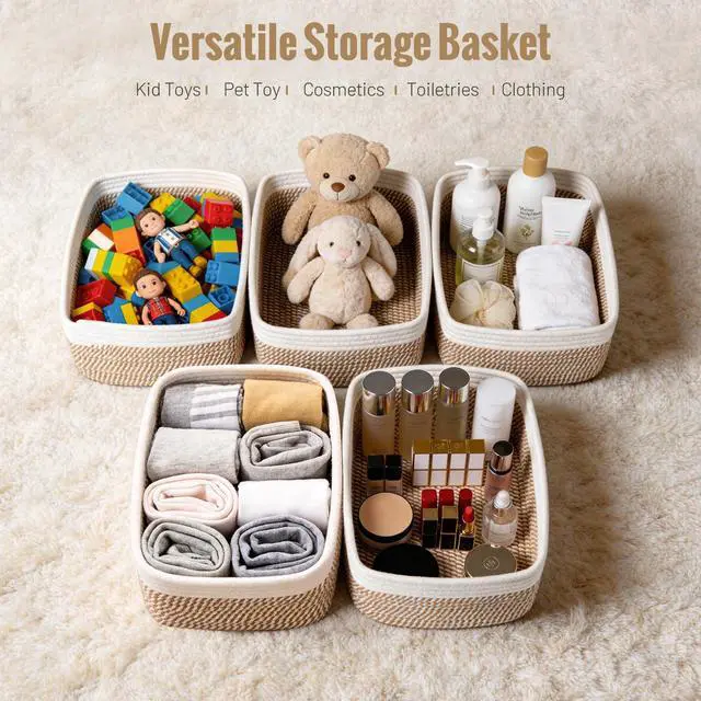 Alt view image 4 of 7 - 5 Pack Small Woven Storage Baskets for Shelves, Cotton Rope Baskets Organizer for Bathroom, Closet & Nursery, Decorative Storage Bins for Organizing Socks, Toys, 11.8"x7.9"x4.7", Khaki/White