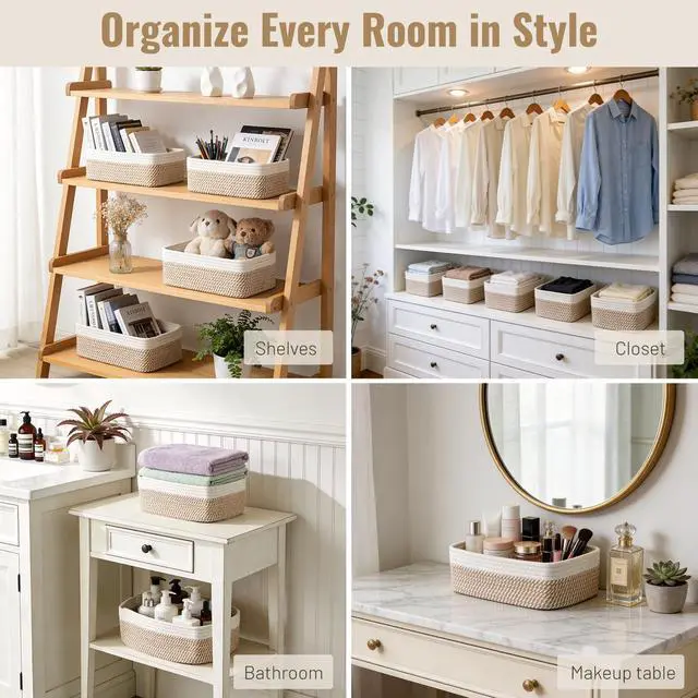 Alt view image 5 of 7 - 5 Pack Small Woven Storage Baskets for Shelves, Cotton Rope Baskets Organizer for Bathroom, Closet & Nursery, Decorative Storage Bins for Organizing Socks, Toys, 11.8"x7.9"x4.7", Khaki/White