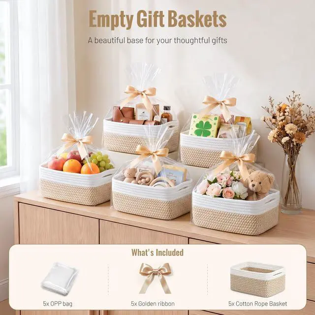 Alt view image 6 of 7 - 5 Pack Small Woven Storage Baskets for Shelves, Cotton Rope Baskets Organizer for Bathroom, Closet & Nursery, Decorative Storage Bins for Organizing Socks, Toys, 11.8"x7.9"x4.7", Khaki/White