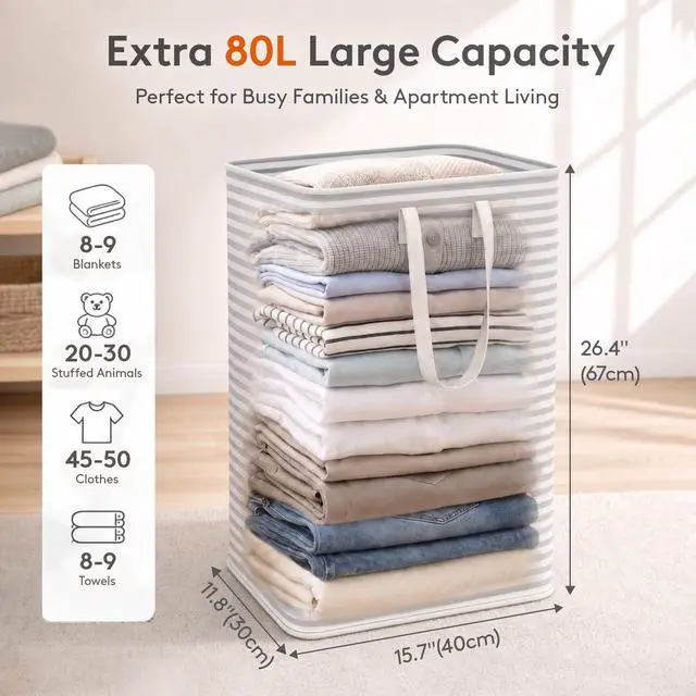 Alt view image 2 of 7 - 2 Pack Laundry Basket 80L Each, Collapsible Clothes Hamper with Reinforced Handles, Freestanding Waterproof Design for Bedroom and Laundry Room, Grey 160L Total