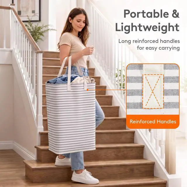 Alt view image 6 of 7 - 2 Pack Laundry Basket 80L Each, Collapsible Clothes Hamper with Reinforced Handles, Freestanding Waterproof Design for Bedroom and Laundry Room, Grey 160L Total