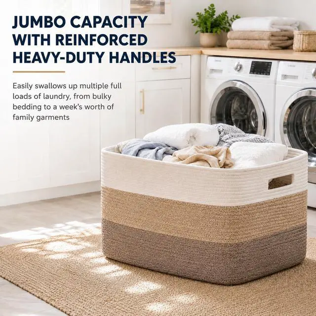 Alt view image 3 of 7 - Large Blanket Basket, 22x17x12 Laundry Baskets, Nursery Blanket Storage Living Room, Toy Storage With Handle, Rectangle Woven Baskets-Gradient Yellow