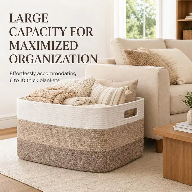 Alt view image 4 of 7 - Large Blanket Basket, 22x17x12 Laundry Baskets, Nursery Blanket Storage Living Room, Toy Storage With Handle, Rectangle Woven Baskets-Gradient Yellow