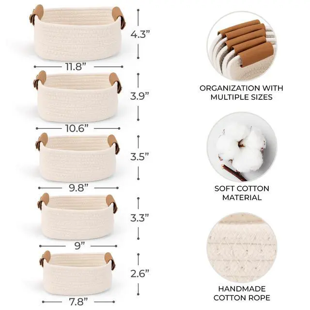 Alt view image 4 of 7 - Beautiful Storage Basket Set of 5 - Sturdy Cotton Rope Baskets for Shelves Are Perfect for Organizing Your Home - Quality Storage Bins Easily Fit With Any Nursery or Bedroom Decor