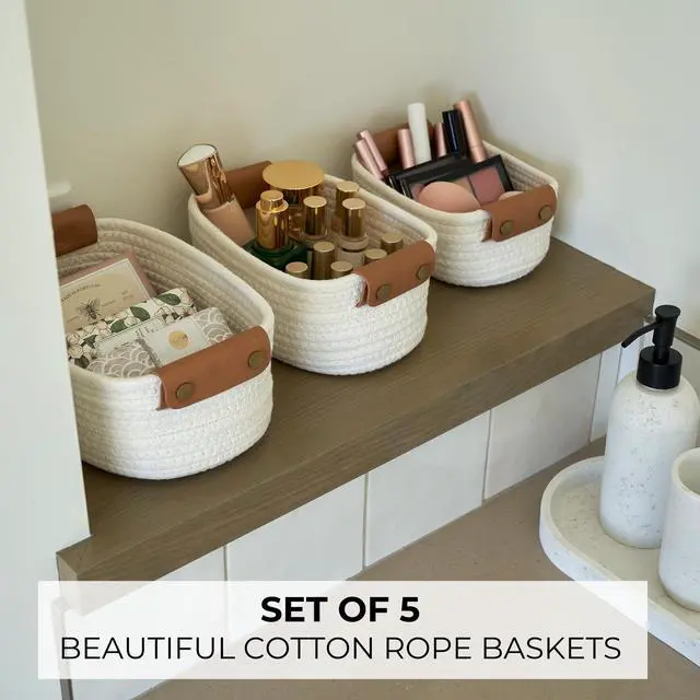 Alt view image 5 of 7 - Beautiful Storage Basket Set of 5 - Sturdy Cotton Rope Baskets for Shelves Are Perfect for Organizing Your Home - Quality Storage Bins Easily Fit With Any Nursery or Bedroom Decor