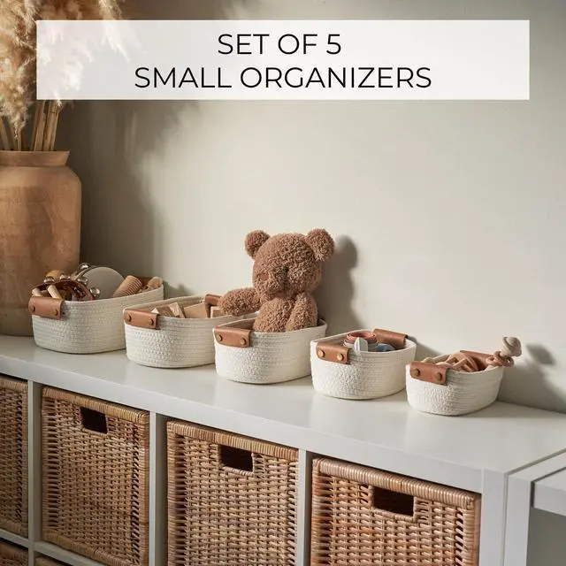 Alt view image 3 of 7 - Beautiful Storage Basket Set of 5 - Sturdy Cotton Rope Baskets for Shelves Are Perfect for Organizing Your Home - Quality Storage Bins Easily Fit With Any Nursery or Bedroom Decor
