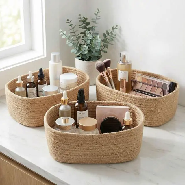 Main image of Beautiful Storage Basket Set of 3 - Sturdy Jute Rope Baskets for Shelves Are Perfect for Organizing Your Home - Quality Storage Bins Easily Fit With Any Nursery or Bedroom Decor