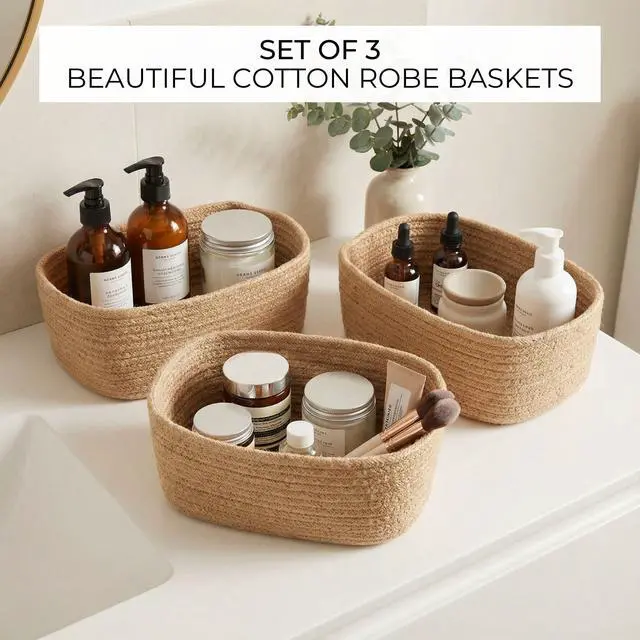 Alt view image 3 of 7 - Beautiful Storage Basket Set of 3 - Sturdy Jute Rope Baskets for Shelves Are Perfect for Organizing Your Home - Quality Storage Bins Easily Fit With Any Nursery or Bedroom Decor