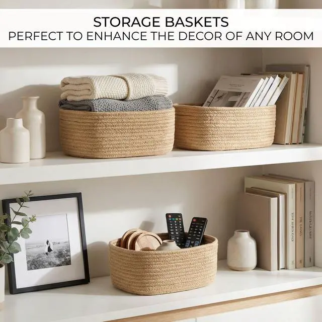 Alt view image 4 of 7 - Beautiful Storage Basket Set of 3 - Sturdy Jute Rope Baskets for Shelves Are Perfect for Organizing Your Home - Quality Storage Bins Easily Fit With Any Nursery or Bedroom Decor