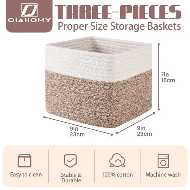 Alt view image 2 of 7 - 9x9x7 Storage Cubes, Cotton Rope Woven Baskets for Organizing, Cube Storage Bin, Small Gift Basket for Shelf, 3-Pack, Brown&White