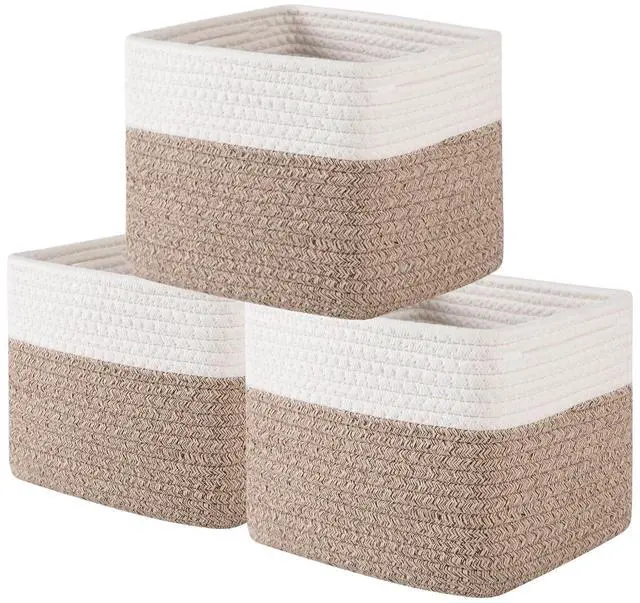 Main image of 9x9x7 Storage Cubes, Cotton Rope Woven Baskets for Organizing, Cube Storage Bin, Small Gift Basket for Shelf, 3-Pack, Brown&White