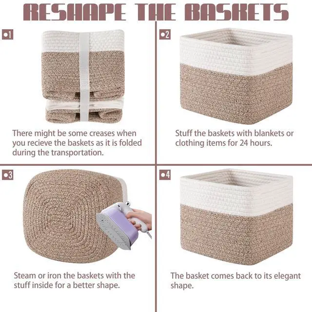 Alt view image 7 of 7 - 9x9x7 Storage Cubes, Cotton Rope Woven Baskets for Organizing, Cube Storage Bin, Small Gift Basket for Shelf, 3-Pack, Brown&White