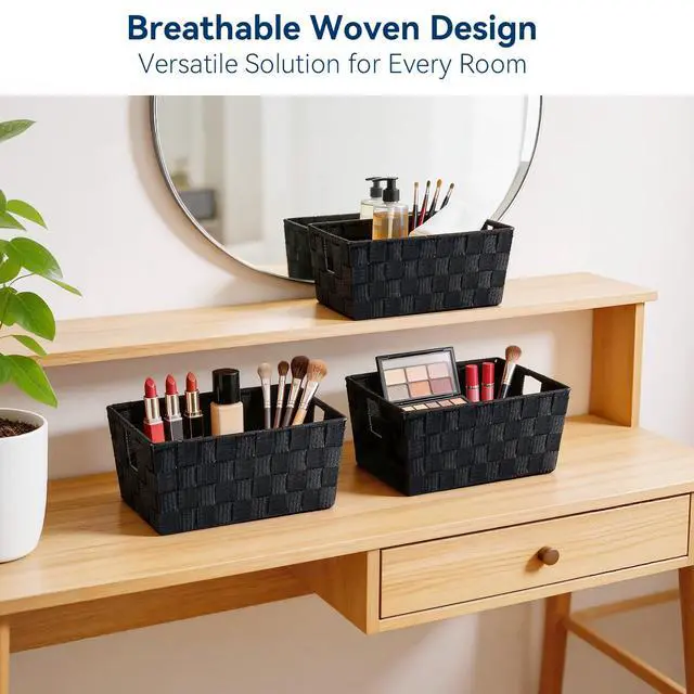 Alt view image 3 of 4 - Small Woven Storage Baskets for Shelves - Decorative Organizer Bins with Metal Structure, Versatile Shelf Storage Solution for Home Organization & Closet (Black)