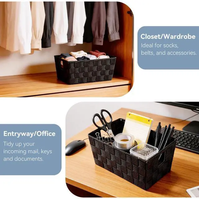 Alt view image 4 of 4 - Small Woven Storage Baskets for Shelves - Decorative Organizer Bins with Metal Structure, Versatile Shelf Storage Solution for Home Organization & Closet (Black)