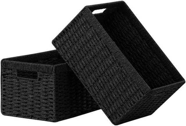 Main image of 2 Pack Wicker Basket, 13.4L×8.3H×7.1W inch Woven Paper Rope Storage Baskets for Shelves, Foldable Rectangular Storage Baskets with Handle, Storage Basket for Organizing, Black
