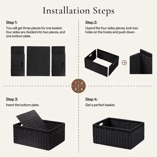 Alt view image 2 of 7 - 2 Pack Wicker Basket, 13.4L×8.3H×7.1W inch Woven Paper Rope Storage Baskets for Shelves, Foldable Rectangular Storage Baskets with Handle, Storage Basket for Organizing, Black