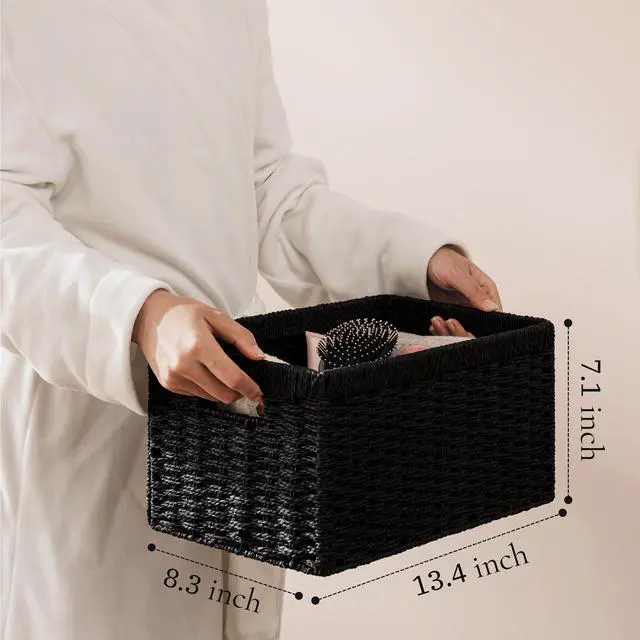 Alt view image 3 of 7 - 2 Pack Wicker Basket, 13.4L×8.3H×7.1W inch Woven Paper Rope Storage Baskets for Shelves, Foldable Rectangular Storage Baskets with Handle, Storage Basket for Organizing, Black