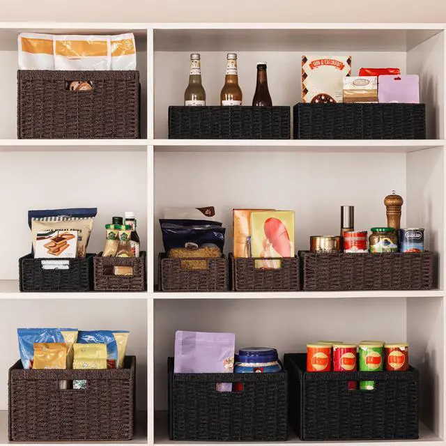 Alt view image 7 of 7 - 2 Pack Wicker Basket, 13.4L×8.3H×7.1W inch Woven Paper Rope Storage Baskets for Shelves, Foldable Rectangular Storage Baskets with Handle, Storage Basket for Organizing, Black