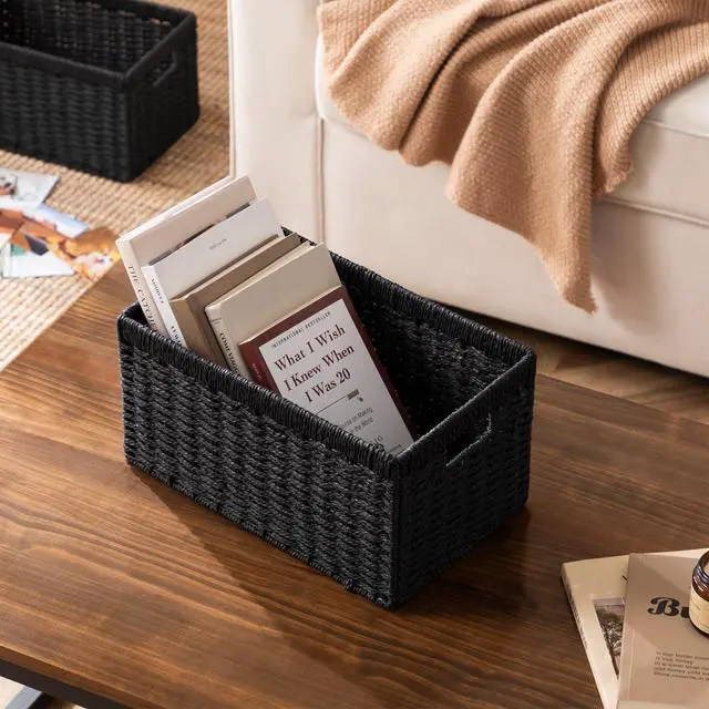 Alt view image 5 of 7 - 2 Pack Wicker Basket, 13.4L×8.3H×7.1W inch Woven Paper Rope Storage Baskets for Shelves, Foldable Rectangular Storage Baskets with Handle, Storage Basket for Organizing, Black