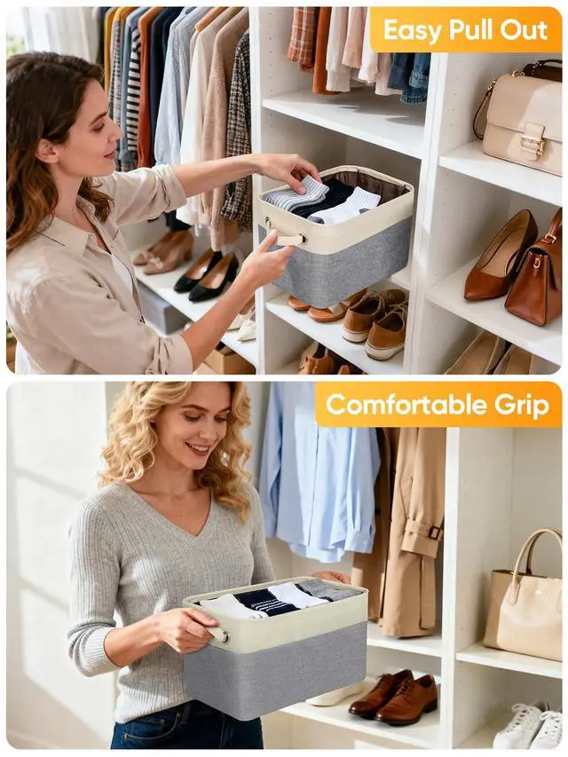 Alt view image 5 of 7 - 1 Pack Fabric Closet Storage Bins for Shelves, Linen Closet Organizers and Storage, Decorative Baskets for Organizing, Shelf, Clothes, Home, Office (Grey, 12"x8"x8")