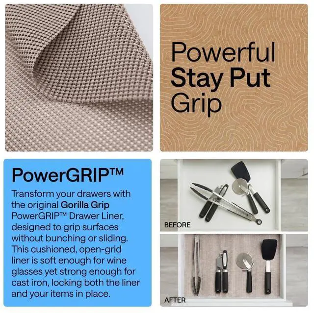 Alt view image 3 of 7 - powerGRIP Drawer Shelf and Cabinet Liner, Thick Strong Hold, Non-Adhesive Liners Protect Kitchen Cabinets and Cupboard, Bathroom Drawers, Easy Install, Breathable Mat, 12" x10', Beige