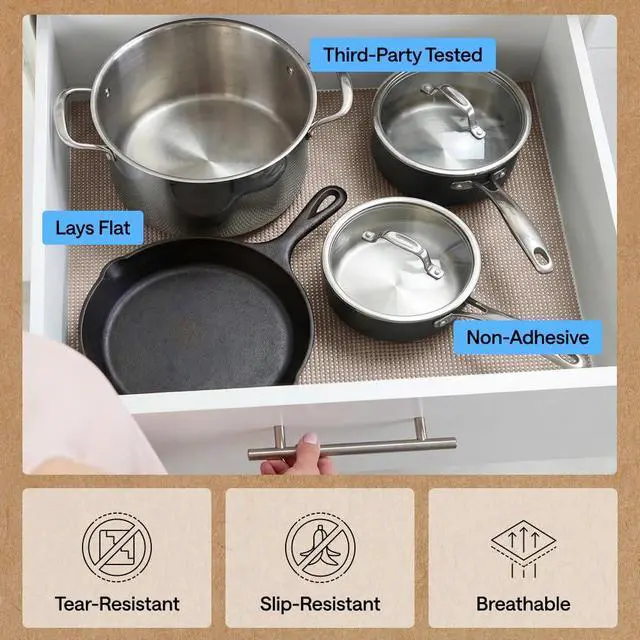 Alt view image 5 of 7 - powerGRIP Drawer Shelf and Cabinet Liner, Thick Strong Hold, Non-Adhesive Liners Protect Kitchen Cabinets and Cupboard, Bathroom Drawers, Easy Install, Breathable Mat, 12" x10', Beige