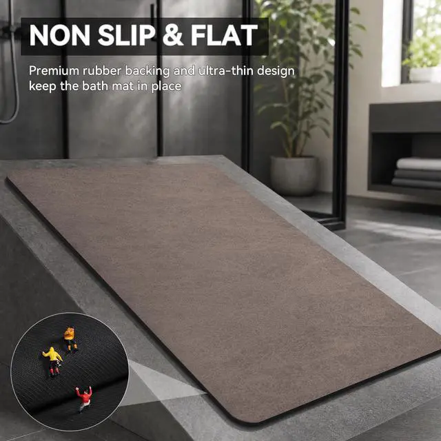 Alt view image 4 of 7 - Bath Mat Rug-Rubber Backing Non Slip Quick Dry Absorbent Thin Bathroom Rugs Fit Under Door-Faux Suede Surface Bathroom Floor Mats-Shower Rug for in Front of Bathtub Shower Brown 16"x24"