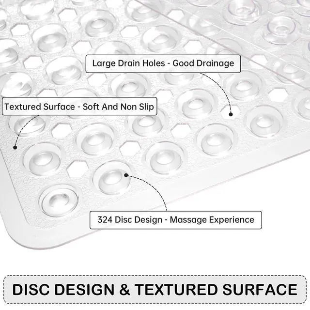 Alt view image 2 of 7 - Non-Slip Bathtub and Shower Mats, Power Grip Bath Mat 35 x 16.3 Inch with Suction Cups and Drain Holes for Tub Bathroom Floor Safety, Machine Washable Soft Bathmat, Clear