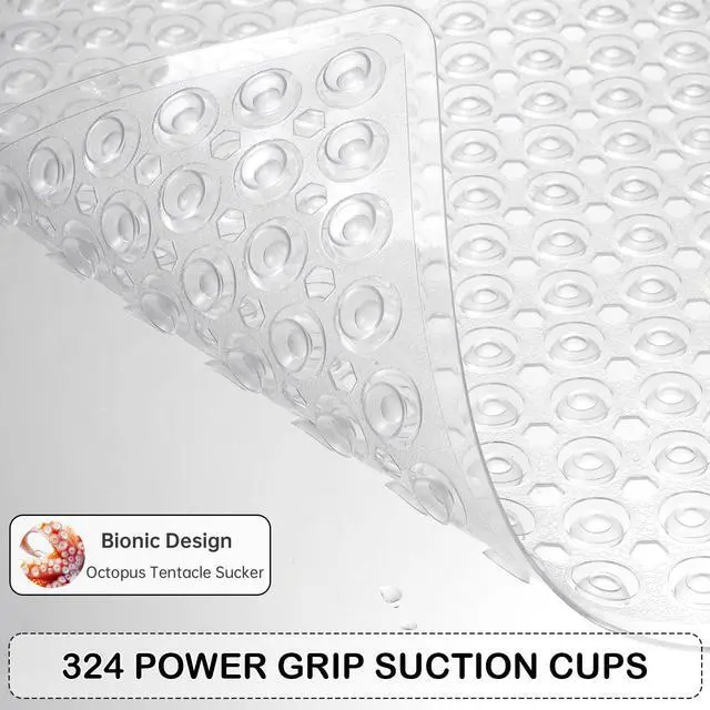 Alt view image 3 of 7 - Non-Slip Bathtub and Shower Mats, Power Grip Bath Mat 35 x 16.3 Inch with Suction Cups and Drain Holes for Tub Bathroom Floor Safety, Machine Washable Soft Bathmat, Clear