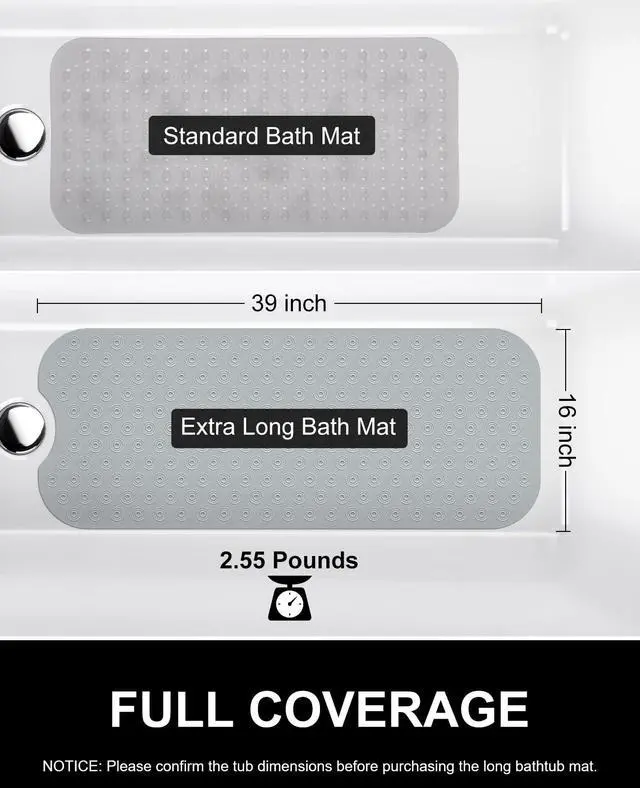 Alt view image 5 of 7 - Reverse Suction Cup Bath Mat: 39x16 inch Extra Long BathmatPerfect for Ordinary or Refinished Bath Tubs Made of Nature RubberProtect Your Bathtub (Grey)