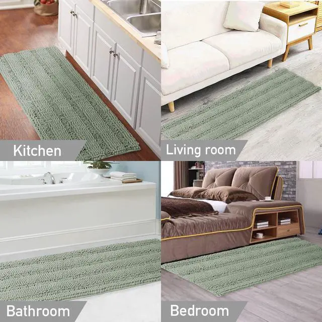 Alt view image 6 of 7 - Sage Green Bathroom Rugs Runner Extra Long 47 x 17 Large Bath Mat Plush Shaggy Chenille Bathroom Rug Non-Slip Bath Rug Runner Extra Soft & Absorbent Thick Floor Mats, Machine Washable, Sage