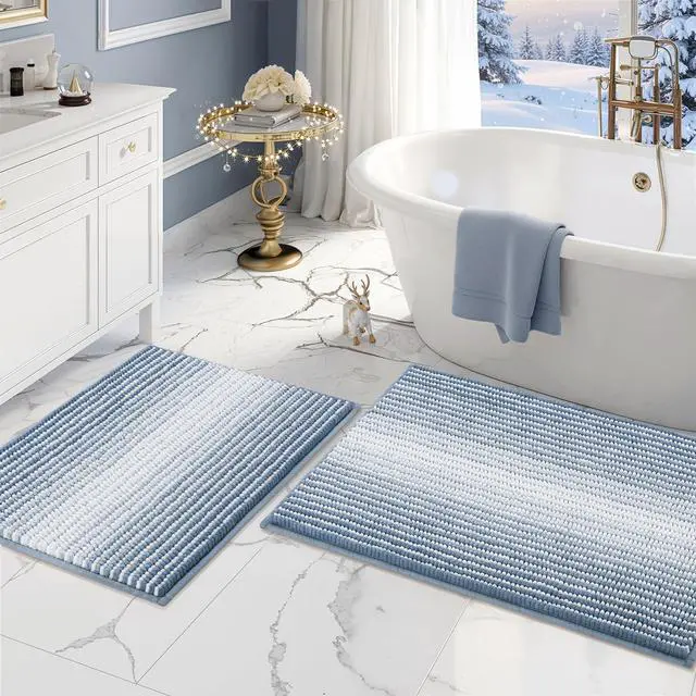 Main image of Bathroom Rugs and Mats Sets, 2 Piece Thick Absorbent Chenille Bath Mat Rug Set Non Slip, Soft Shaggy Bath Room Floor Mats for Bathroom, Machine Washable (Fog Blue, 20" x 32" Plus 16" x 24")