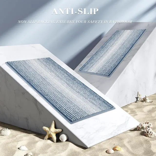 Alt view image 5 of 5 - Bathroom Rugs and Mats Sets, 2 Piece Thick Absorbent Chenille Bath Mat Rug Set Non Slip, Soft Shaggy Bath Room Floor Mats for Bathroom, Machine Washable (Fog Blue, 20" x 32" Plus 16" x 24")