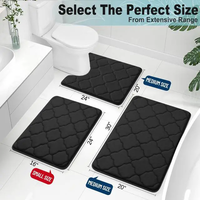 Alt view image 2 of 7 - Memory Foam Bath Mat Rug 24x16, Ultra Soft and Absorbent Bathroom Rugs, Non-Slip, Comfortable, Machine Washable Bath Carpet for Bathroom Floor, Tub, Shower and Home Decor Accessories, Black