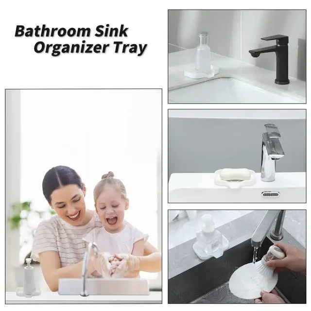 Alt view image 3 of 7 - Silicone Soap Dish with Drain Spout, Self-Draining Sink Organizer Tray for Bathroom and Kitchen, Sponges, Dispensers and Soap Holder, Non-Slip and Dishwasher Safe, White (Compact, 4.9"×3.2")